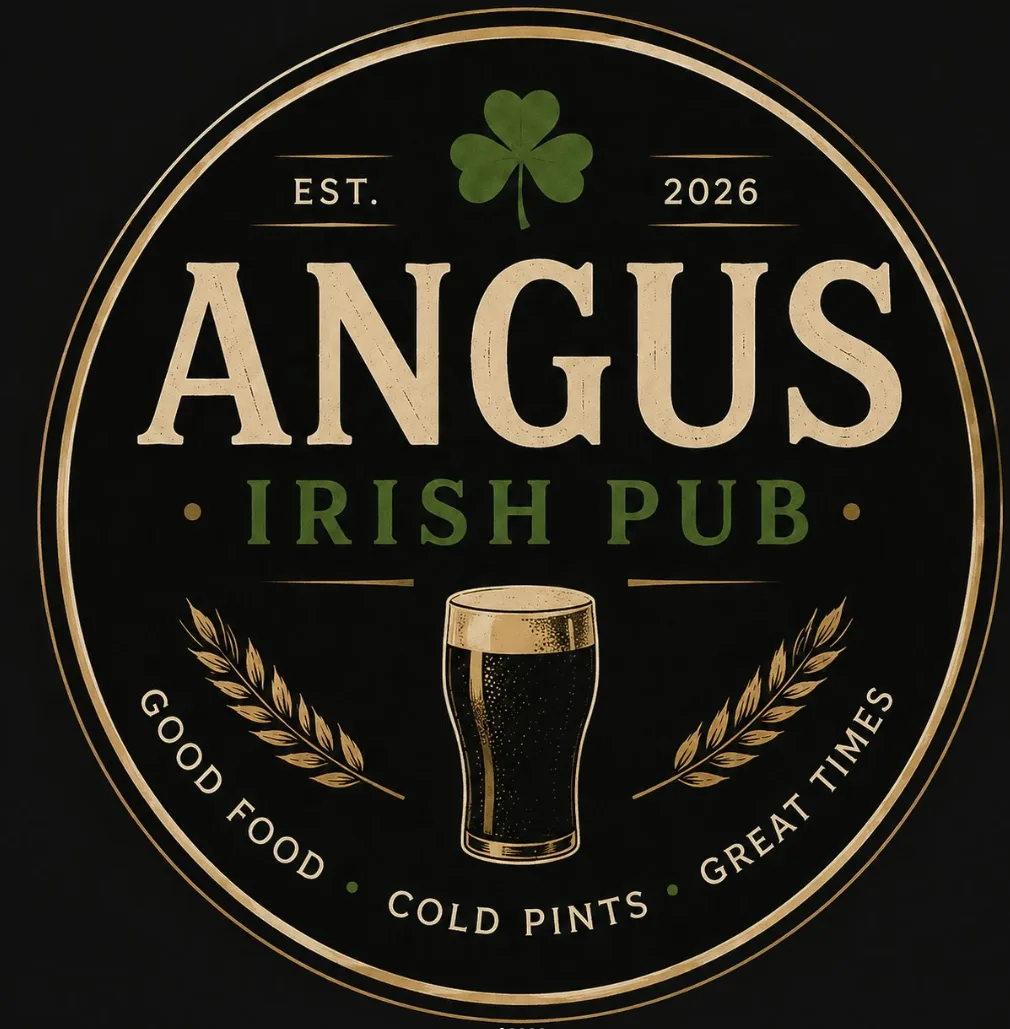 The Angus Irish Pub logo: a shamrock, a pint of stout and the words Est. 2026, good food, cold pints, great times